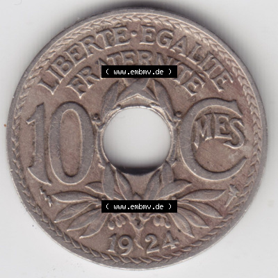 Münzen Frankreich Eurovorläufer, Umlaufmünze vor Euroeinführung 1917-1938, 10 Centimes, Cent 1924. Vorderseite einer Münze... Sammlung