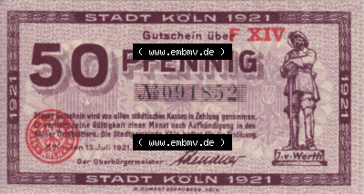 Notgeldscheine aus Köln 1921-1921, F XIV 50 Pfennig (1) Sammlung