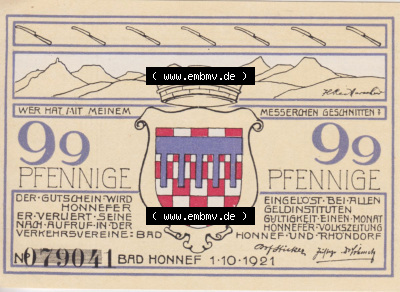 Notgeldscheine aus Bad Honnef 1921, 99 Pfennig Karl Simrocks Haus (2) Sammlung