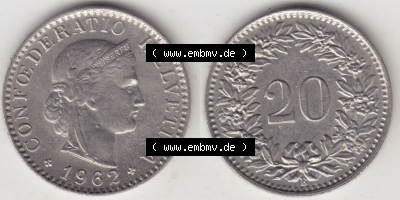 Münzen Schweiz Eurovorläufer, Umlaufmünze 1939-2018, 20 Rappen B 1962 (3) Sammlung