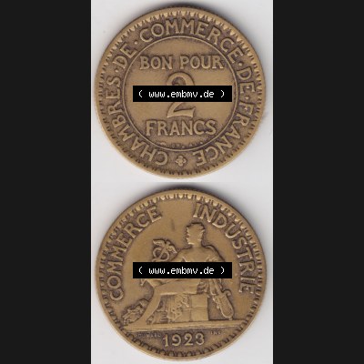 Münzen Frankreich Eurovorläufer, Umlaufmünze vor Euroeinführung 1920-1927, 2 Francs, Franken 1923. Vorderseite und Rückseite Vertikal Untereinander einer... Sammlung