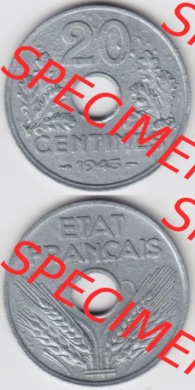 Münzen Frankreich Eurovorläufer, Umlaufmünze vor Euroeinführung 1941-1944, 20 Centimes, Cent 1943. Vorderseite und Rückseite Vertikal Untereinander,... Sammlung