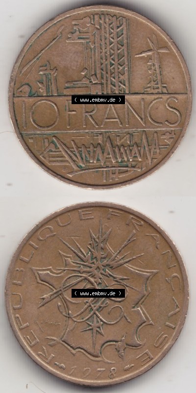 Münzen Frankreich Eurovorläufer, Umlaufmünze vor Euroeinführung 1974-1987, 10 Franken-Francs 1978 II.. Vorderseite und Rückseite... Sammlung