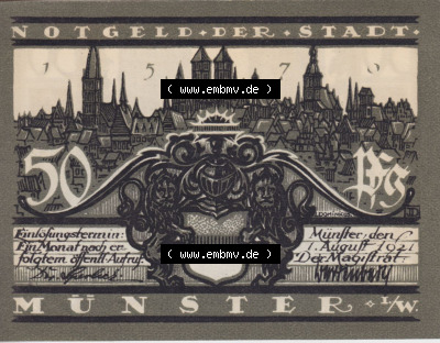 Notgeldscheine aus Münster 1921, 50 Pfennig Münster Dom-Westwerk (1) Sammlung