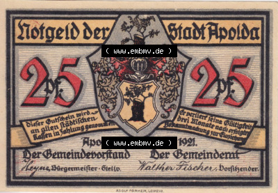 Notgeldscheine aus Apolda 1921, 25 Pfennig, Schattenbilder B (1) Sammlung