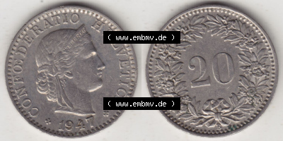 Münzen Schweiz Eurovorläufer, Umlaufmünze 1939-Heute, 20 Rappen B 1947 I. (3) Sammlung