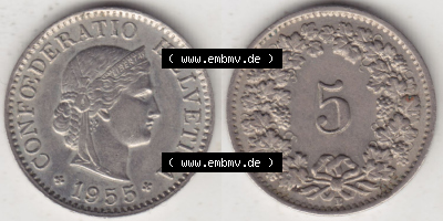 Münzen Schweiz Eurovorläufer, Umlaufmünze 1940-1980, 5 Rappen B 1955 II. (3) Sammlung