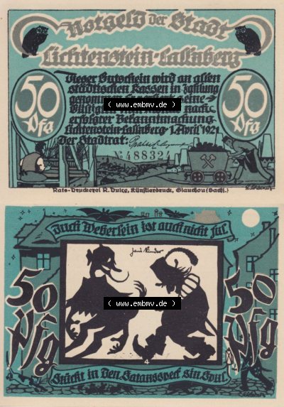 Notgeldscheine aus Lichtenstein-Callnberg 1921, Nr. 4, Auch Webersein ist auch nicht für (3) Sammlung