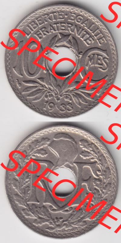 Münzen Frankreich Eurovorläufer, Umlaufmünze vor Euroeinführung 1917-1938, 10 Centimes, Cent 1933. Vorderseite und Rückseite Vertikal Untereinander einer... Sammlung