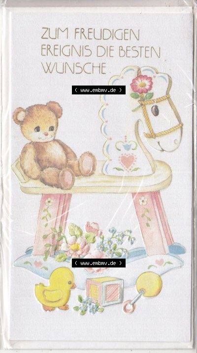 Ansichtskarte gezeichneter Teddy und Spielpferd, Zum Freudigen Ereignis die besten Wünsche (1) Sammlung