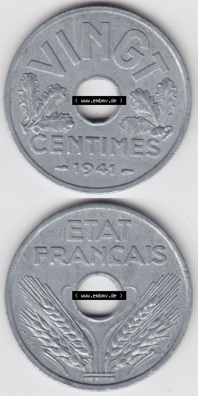 Münzen Frankreich Eurovorläufer, Umlaufmünze vor Euroeinführung 1941-1941, VINGT 20 Centimes, Cent. Vorderseite und Rückseite... Sammlung