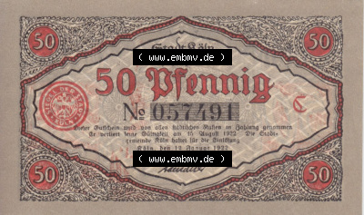 Notgeldscheine aus Köln mit Soldaten-Serie 1922 C I, 50 Pfennig 1 (2) Sammlung