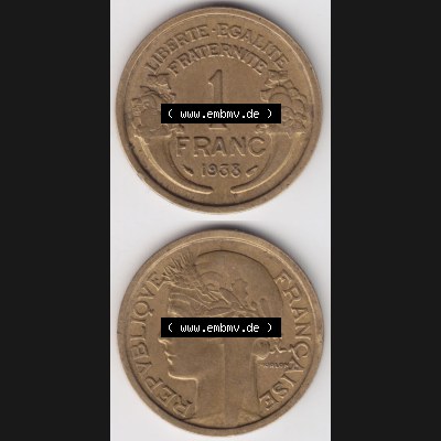 Münzen Frankreich Eurovorläufer, Umlaufmünze vor Euroeinführung 1931-1941, 1 Francs, Franken 1938. Vorderseite und Rückseite Vertikal Untereinander,... Sammlung