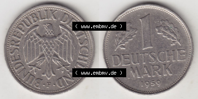 Münzen Deutschland 1950-2001, 1 Deutsche Mark 1959 F. Vorderseite und Rückseite der Münze aus Deutschland Sammlung