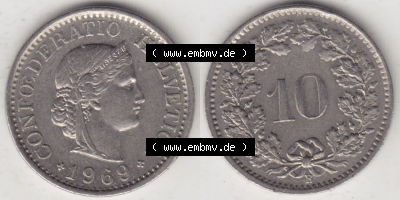 Münzen Schweiz Eurovorläufer, Umlaufmünze 1940-2018, 10 Rappen B 1969 (3) Sammlung