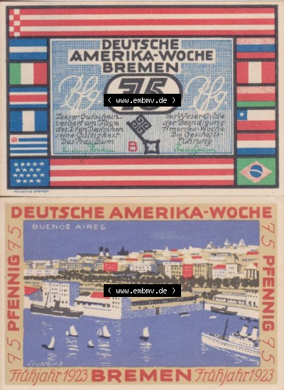 Notgeldscheine aus Bremen 1923 75 Pfennig B (3) Sammlung