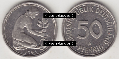 Münzen Deutschland 50 Pfennig der Deutschen Mark 1990-2001, 50 Pfennig 1993 A (4) Sammlung