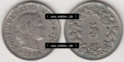 Münzen Schweiz Eurovorläufer, Umlaufmünze 1940-1980, 5 Rappen B 1944 (3) Sammlung