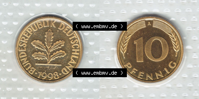 Münzen Deutschland Münzsätze Deutsche Mark Stempelglanz 1998, 10 Pfennig (3) Sammlung