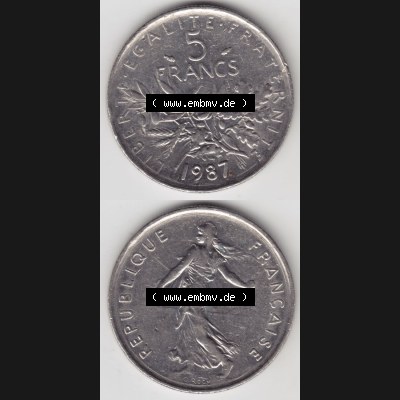 Münzen Frankreich Eurovorläufer, Umlaufmünze vor Euroeinführung 1970-2001, 5 Francs Liberte Egalite Fraternite. Vorderseite und Rückseite Vertikal Untereinander,... Sammlung