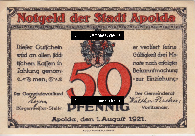 Notgeldscheine aus Apolda 1921, Stadtansichten 50 Pfennig C (1) Sammlung