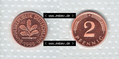 Münzen Deutschland Münzsätze Deutsche Mark Stempelglanz 1998, 2 Pfennig (3) Sammlung