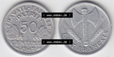 Münzen Frankreich Eurovorläufer, Umlaufmünze vor Euroeinführung 1942-1944, 50 Centimes, Cent 1942. Vorderseite und Rückseite... Sammlung