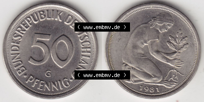 Münzen Deutschland 50 Pfennig der Deutschen Mark 1950-2001, 50 Pfennig 1981 G (3) Sammlung