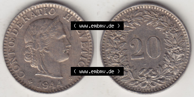 Münzen Schweiz Eurovorläufer, Umlaufmünze 1939-Heute, 20 Rappen B 1944 i. (3) Sammlung