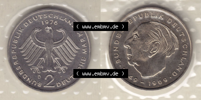 Münzen Deutschland Münzsätze Deutsche Mark Stempelglanz 1976, 2 Mark Theodor Heuss (3) Sammlung