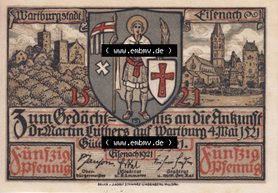 Notgeldscheine aus Eisenach 1921, 50 Pfennig Torhof und Torfahrt der Wartburg (2) Sammlung
