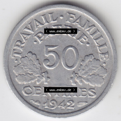Münzen Frankreich Eurovorläufer, Umlaufmünze vor Euroeinführung 1942-1944, 50 Centimes, Cent 1942. Vorderseite einer Münze... Sammlung