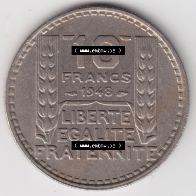 Münzen Frankreich Eurovorläufer, Umlaufmünze vor Euroeinführung 1947-1949, 10 Francs, Franken 1948. Vorderseite einer Münze... Sammlung
