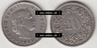 Münzen Schweiz Eurovorläufer, Umlaufmünze 1881-1938, 20 Rappen B 1909 (3) Sammlung