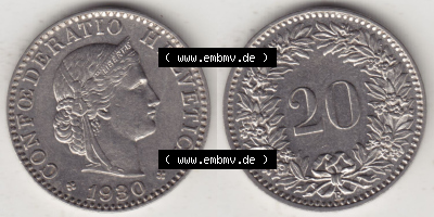 Münzen Schweiz Eurovorläufer, Umlaufmünze 1881-1938, 20 Rappen B 1930 (3) Sammlung