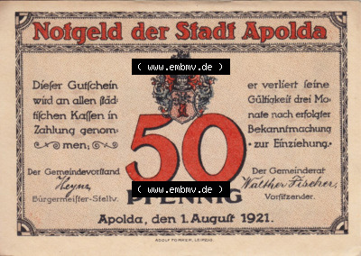 Notgeldscheine aus Apolda 1921, Stadtansichten 50 Pfennig F (1) Sammlung