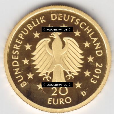 Münzen Deutschland 20 Euro Goldmünzen Deutscher Wald, 1/8 Unze Gold 2013. Vorderseite einer Münze aus dem deutschen Kaiserreich in Europa als Digitales Bild / Bildmaterial... Sammlung