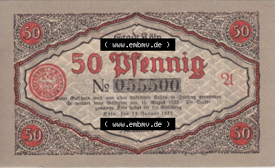 Notgeldscheine aus Köln mit Soldaten-Serie 1922 A III, 50 Pfennig (2) Sammlung