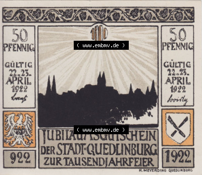 Notgeldscheine aus Quedlinburg 1922, 50 Pfennig Einführung der Reformation 1534 (2) Sammlung