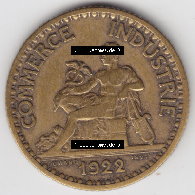 Münzen Frankreich Eurovorläufer, Umlaufmünze vor Euroeinführung 1920-1927, 1 Francs, Franken 1922. Rückseite einer Münze... Sammlung