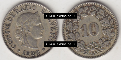 Münzen Schweiz Eurovorläufer, Umlaufmünze 1919-1931, 10 Rappen B 1926 (3) Sammlung