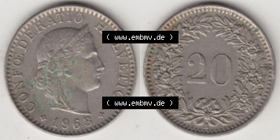 Münzen Schweiz Eurovorläufer, Umlaufmünze 1939-2018, 20 Rappen B 1963 (3) Sammlung
