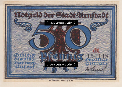 Notgeldscheine aus Arnstedt 1921, 50 Pfennig dt (1) Sammlung