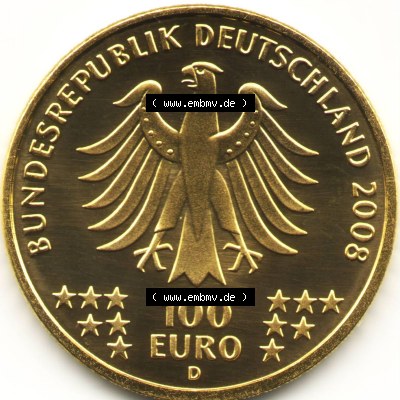 Münzen Deutschland 100 Euro Goldmünzen 2008. Rückseite einer Münze aus dem Deutschen Kaiserreich in Europa als Digitales Bild... Sammlung