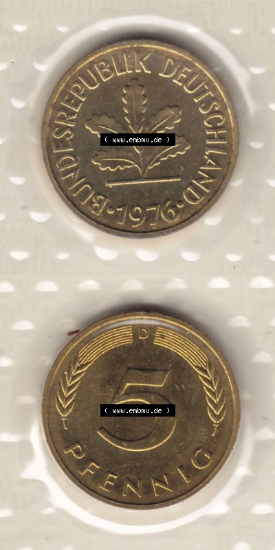 Münzen Deutschland Münzsätze Deutsche Mark Stempelglanz 1976, 5 Pfennig (5) Sammlung