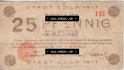 Notgeldscheine aus Köln 1917-1917, J II 25 Pfennig (1) Sammlung