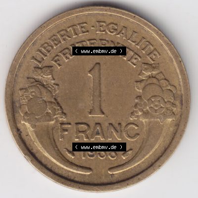 Münzen Frankreich Eurovorläufer, Umlaufmünze vor Euroeinführung 1931-1941, 1 Francs, Franken 1938. Vorderseite einer Münze aus Europa als Digitales Bild... Sammlung