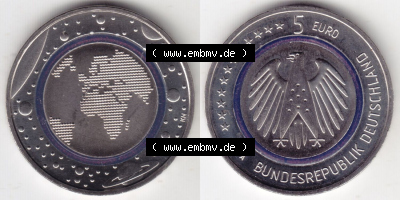 Münzen Deutschland 5 Euro-Sondermünzen 2016, A, Planet Erde. Vorderseite und Rückseite Nebeneinander als digitalisiertes Bild... Sammlung