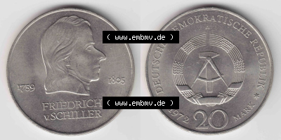 Münzen Deutschland DDR 20 Mark-Sondermünze 1972, 20 Mark Friedrich v. Schiller (3) Sammlung