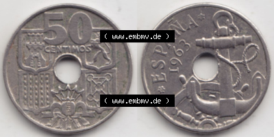 Münzen Spanien Eurovorläufer, Umlaufmünze vor Euroeinführung 1949-1963, 50 Centimos 1963 (3) Sammlung
